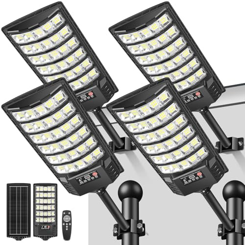 LEKIA Farola Solares Exterior, Potente 1000W 7000K Luz Solar Exterior con Sensor Movimiento y Mando Distancia, Focos LED Solar Impermeable Luces Solares para Jardín, Calle (4 Paquetes)