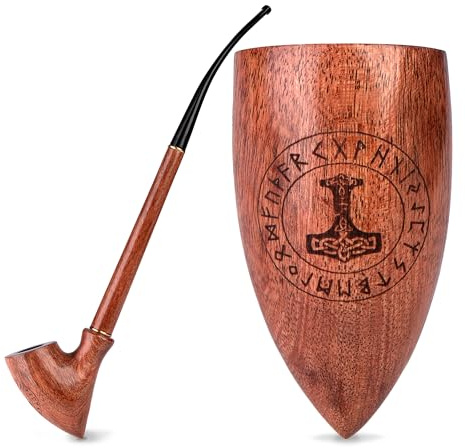 33 cm lång Churchwarden-rökpipa i päronträ med Mjölnir-gravyr (Thors hammare) | För 9 mm filter | Sammetspåse ingår | Endast för tobaksanvändning