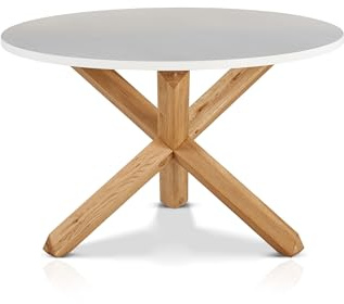 KHG Esstisch Rund 120 cm Durchmesser Weiß - Massives Eichen-Gestell, Tischplatte aus Holzwerkstoff matt Weiß lackiert, bis 90 kg belastbar - Küchentisch im Skandi Look