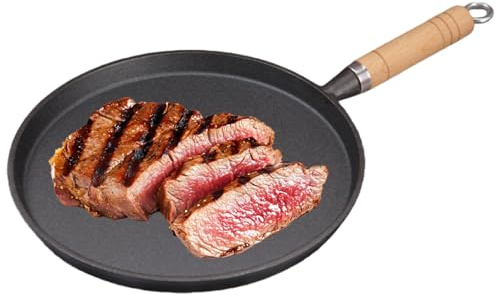 GOEDCH Padella in ghisa: Ø 26 cm, padella in ghisa, padella in ferro senza rivestimento con manico in legno, padella antiaderente, bistecca, padella in ghisa per tutti i piani cottura, incl. induzione