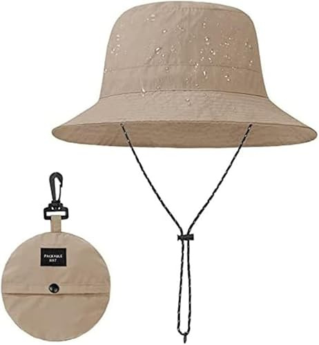 XFSRG Vikbar fiskarhatt för dam sommar buckethatt regnhatt med justerbar dragsko vindtät perfekt för sommarjakt fiske och bergsklättring, Khaki, one size