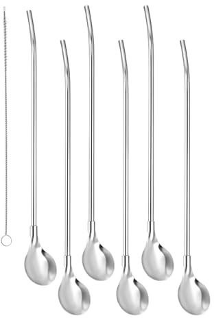 6 cucharas de paja de acero inoxidable para bebidas con cepillo de limpieza, cuchara de paja de mango largo, herramienta de agitación para bebida diaria, cuchara de mango largo