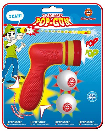 Günther Flugspiele 1540 - Luftpistole Mc Squeezy Pop Gun, Luftdruckpistole mit 2 Softbällen, für Kinder ab 4 Jahren, Ballspiel für drinnen und draußen