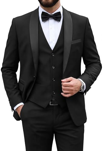 MYS Mens 3-Piece Suit Shawl Lapel One Button Tuxedo Slim Fit Premium Dinner Jacket Vest Pants & Tie Set Black