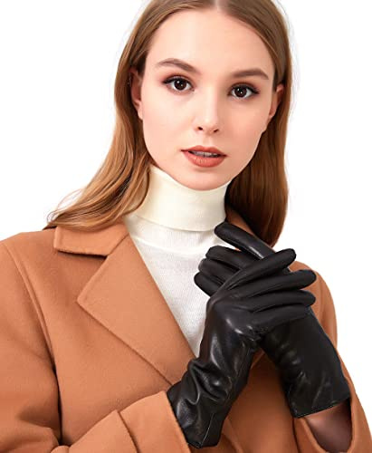 ZLUXURQ Gants de conduite d'hiver en cuir d'agneau véritable doux pour femmes avec doublure en cachemire ou la laine.