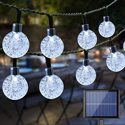 BrizLabs Guirnalda Luces Exterior Solar, 20M 100 LED Luces Led Solares Exteriores Bola de Cristal Impermeable 8 Modos Cadena de Luces Decoración para Jardín Terraza Patio Boda Fiesta, Blanco Frío