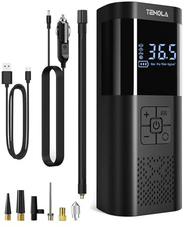 TEMOLA Tyre Inflator Portable Air Compressor, Powerful Cordless Tyre Inflator with LED Light, Mini Air Pump Car Accessories Essentials for Men, Tyre Pump with Pressure Gauge for Car Bicycle Black