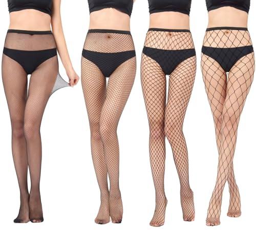 Leogony 4 Pairs Black Fishnet Tights Womens, Different Style Fish Net Stockings for Women（One Size Fits All）