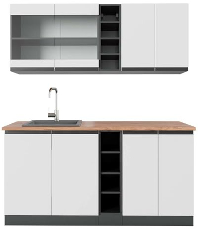 Vicco Singleküche R-Line, Weiß/Anthrazit, 160 cm J-Shape, AP Eiche, zur individuellen Erweiterung mit zusätzlichen Modulen geeignet