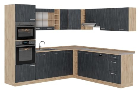 Vicco Hörnkök R-Line, Svart betong/Goldkraft ek, 247 x 237 cm AP ek, för individuell konfiguration och utbyggnad med ytterligare moduler
