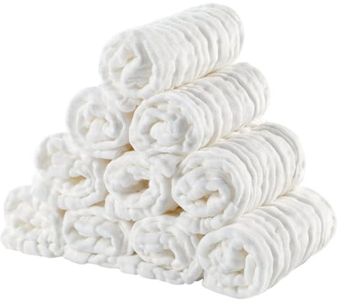 EXTSUD Asciugamani Neonato, 10 Pezzi Mussola Cotone Bambini 25x25cm Panni Lavette Morbide Quadrati per Neonati Mussoline 6 Strati di Garza Multiuso per Viso Mano Corpo(Bianco)