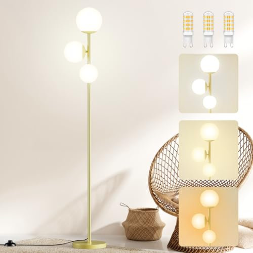 Lampadaire pour Salon, 18W Lampadaire sur Pied Moderne avec 3 Températures de Couleur, Lampe Haute avec Interrupteur au Pied, 3 Ampoules G9 | 3 Abat-jour, Lampe pour Chambre à Coucher Bureau (Or)