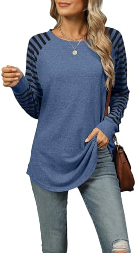 CIZEUR Pull Femme Chic et élégant avec Rayures sur Manches Longues T Shirt Col Rond Décontracté Ourlet Arrondi Blouses Sweat-Shirts Tuniques Automne Hiver,Bleu foncé S