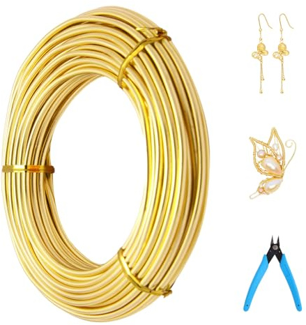 9 Gauge Aluminium Craft Wire 50 Feet 3mm Thin Bendable Jewelry Wire for Crafts Metal Modelling Wire Gold（With Scissors Pliers）