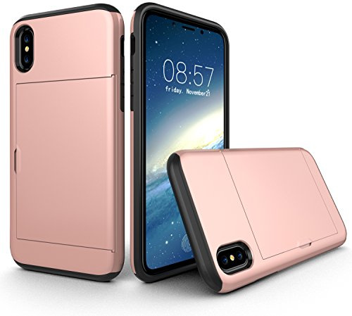 XYZNTMF for iPhone X Case iPhone XS Shockproof Case with Card Holder Silicone Bumper Matte Hard PC Shell Heavy Duty Protective Skin Cover Armor Rubber iPhone X/XS Case, Rosegold