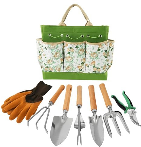 Juego de 9 herramientas de jardín de acero inoxidable con mango de madera, juego de herramientas de jardín, incluye bolsa de almacenamiento, tijeras para flores, garra de jardín, paleta, tenedor de