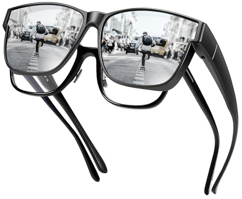 URUMQI Überzieh Sonnenbrille über Normale Brille, Polarisiert Überbrille Sonnenbrille für Brillenträger Damen Herren, Fit over Sunglasses mit UV400 Schutz für Fahren, Angeln Schwarzer Rahmen
