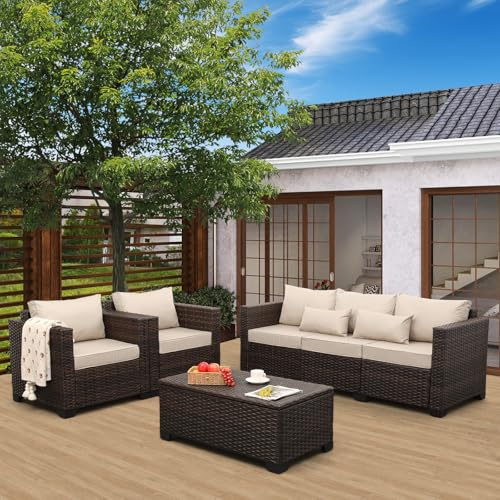 Oasishine Outdoor Patio Furniture Set 4 Pieces Wicker Outdoor Furniture Chairs and Sofa Patio Storage Table Non-Slip Cushions and Waterproof Covers, Khaki