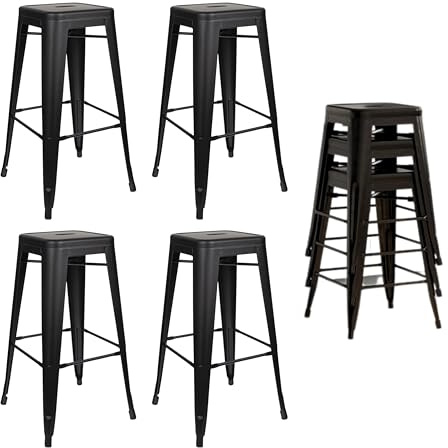 HOM4NISH Metal Bar Stool with Footrest - Set of 2, 4 - Backless, Armless, Square Seat, Counter Height, Stackable Bar Chair (2, Matt Black, 42 x 42 x 76 cm)