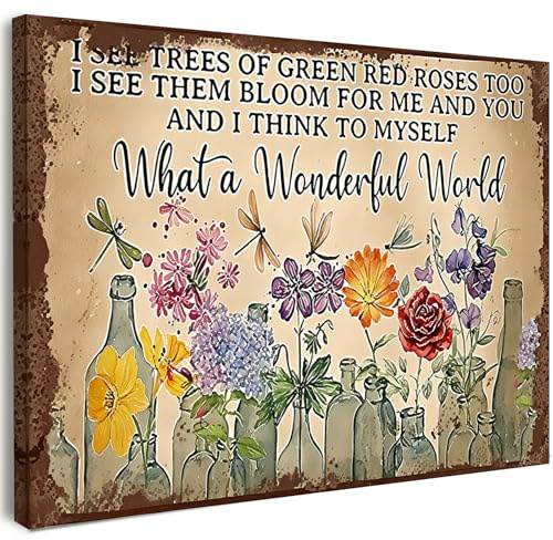 Qiukoo Wall Art – Vintage Floral Canvas Print with Uplifting Quote, Rustic Botanical Wall Decor for Bedroom, Living Room, Hallway or Stairs, with Pre-Mounted Frame and Hooks, 12 x 16