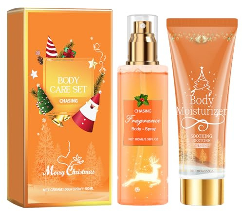 Body Lotion Damen,Body Milk mit Bio-Orange,Naturkosmetik Körperbalsam Orange mit Parfüm Bodyspray,Haar und Körperduftnebel,Feuchtigkeitsspendende Befeuchtet die Haut,Weihnachtsgeschenkset für Frauen