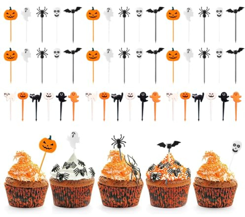 KEWUF 48 PCS Halloween Palillos de Dientes, Palillos para Niños Frutas, Mini Tenedores Infantiles Reutilizables de Frutas, Halloween Niños de Dibujos Animados Para Fruta Niños Tenedor