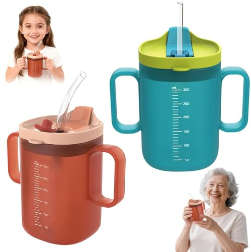 Lot de 2 tasses à bec verseur pour personnes âgées - 300 ml - Avec poignée - Pour enfants - 2 poignées - Double usage