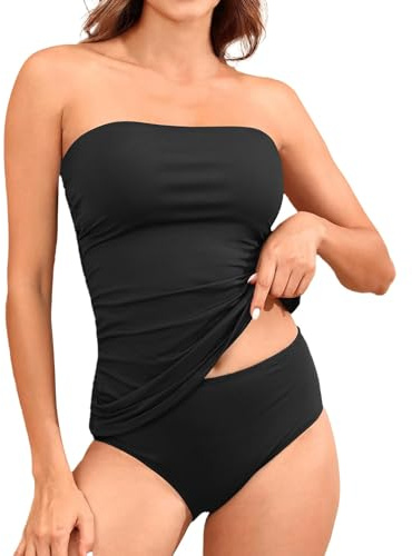 Maillot de bain bandeau pour femme - Maillot de bain deux pièces - Tankini froncé - Sans bretelles - Noir - Taille L