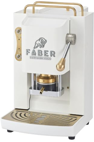 FABER COFFEE MACHINES | Deluxe 3.0 | Kaffeemaschine ESE 44 mm mit Magnetventil, herausnehmbarem Padhalter, Glaskanister 1 l und Padpresse aus Messing (weiß, Messing)