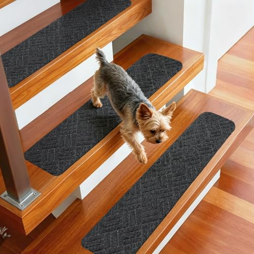 WELSTIK Peldaños antideslizantes de 76 x 20 cm, alfombras de interior para peldaños de madera, alfombras de escalera con respaldo de TPE, 100 % poliéster, seguro para niños y perros (paquete de 15