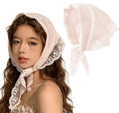 Floruvia 1 Piece Lace Headscarf Headband for Women, Adjustable Triangle Hair Scarf, Boho Hair Accessory for Everyday Festival Beach Travel (Pink)