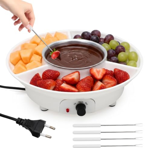 Wapasezyar Set di fonduta di cioccolato elettrico con 4 spiedini, fontana di cioccolato da 260 ml, 2 livelli di temperatura per sciogliere e tenere al caldo, per cioccolato, frutta, biscotti natalizi