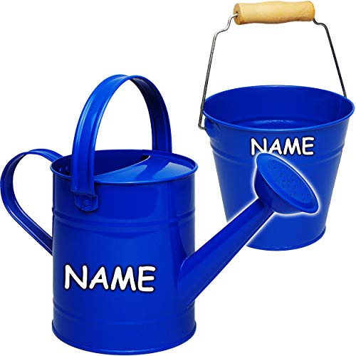 2 TLG. Set: Kleiner - Eimer + Gießkanne - Metall - blau - inkl. Name - 1,5 Liter - Blech Kindereimer Blecheimer/Metalleimer Sandeimer/Kindereimer Gartenei..