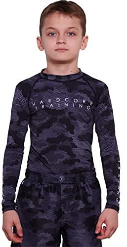 Hardcore Training Kids Rash Guard Hexagon Camo Kompressionshemd Kinder Unisex Lange Ärmel Kampfsport BJJ Fitness Boxen No Gi Kindersportbekleidung (12 Years)