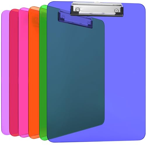 Kiggos Plastic Clipboards 6 Pack, Transparent Low Profile Clip Boards, Letter Size 9 x 12.5, Clear Colored Clipboards for Classroom, Students, Teachers, Office and School Supplies Holds 100 Sheets