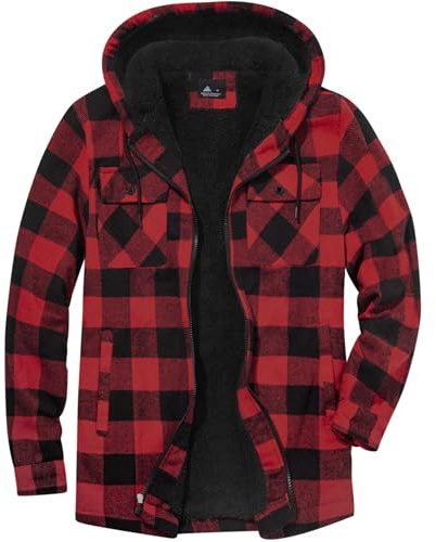 JACKETOWN Veste Polaire Homme Avec Capuche Chemise En Flanelle à Carreaux Veste Mi-Saison Chaude Doublée Manteau Décontracté Avec Poches Idéale Pour L’automne Et L’hiver