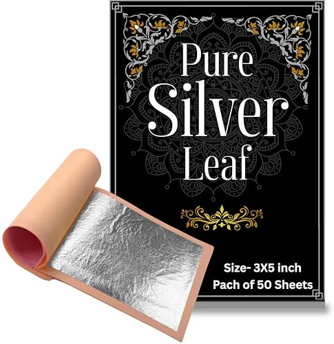 GLC Gold Leaf Silver Leaf, 99.9% Pure Silver Leaf Varakh Foils 50pcs 3x5 Inch for Sweets Deco,Cake Baking,Chocolate,Supari,Serums,Ayurvedic Medicine,Decoration,Beauty Face Kits,Painting Art Crafts_