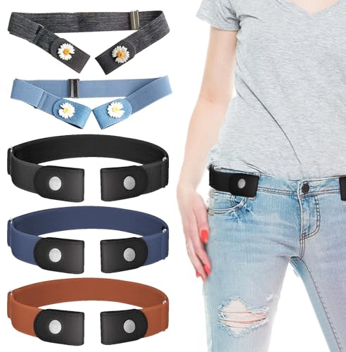 WYTNB 5 Pièces Ceinture Élastique Invisible Unisexe, 5 Couleurs Ceinture Extensible Sans Boucle, Élégant et Noble Ceinture Elastique Femme, Ceinture Lazy Sans Couture pour Jeans Robe Collants