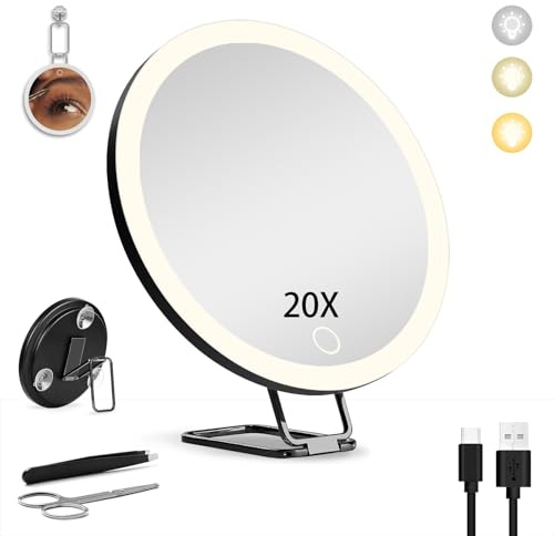 Junyaoxuan 20X Magnifying Mirror with Light,6 Large Makeup Magnifying Makeup Mirror with 3 colors Dimmable,Table Stand,3 Suction Cups,Black
