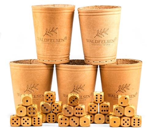 Waldfelsen® 5 Echtleder Würfelbecher (9 cm) mit 30 Holzwürfeln (16 mm) aus Buchenholz Lederbecher Würfelset Augenwürfel Spielwürfel (Farbe: Beige)