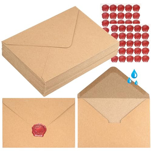 Briefumschläge B6, 50 Stück Braune Briefumschläge Ohne Fenster mit Aufklebern, 140g/m² Kraftpapier Umschläge mit Nassklebung für Einladungen Briefe Grußkarten, Geburtstagskarten (17,5 x 12,5 cm)