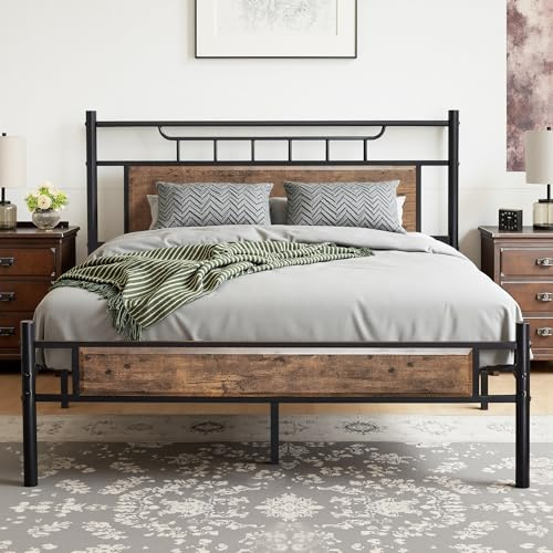 Retro Massivholz Bettgestell 140x200 cm, Doppelbett mit Dickem Kopfteil & Lattenrost, Stabiler Rahmen ohne Boxspring erforderlich, Komplett-Set für Schlafzimmer und Gästezimmer in Braun
