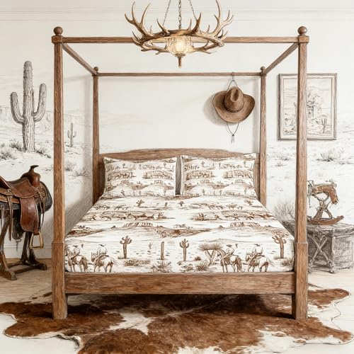 Western Cowboy Fitted Sheet Full Size,Brown Sketch Desert Wild Horse Bedding Set for Kids Boys Men Girls Bedroom Decor Rustic Farmhouse Bed Sheet Wild Animals Deep Pocket Sheet ( No Flat Sheet)
