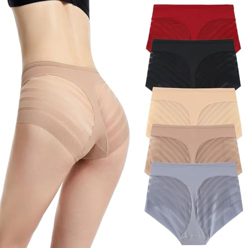 PNZLZIA Floralshe Calzones, Braguitas Moldeadoras de Cintura Alta sin Costuras con Control de Abdomen y realce de glúteos, Tanga de Encaje de Rayas Invisibles