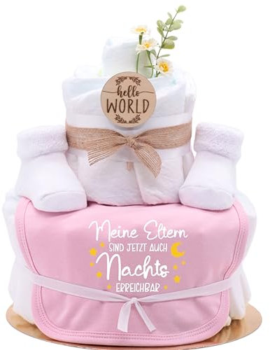 Trend Mama | Windeltorte | rosa | Spruch wählbar | 27 Windeln (Größe 2), Baby Lätzchen, Kuschelsocken |Geschenk Geburt (Design| Meine Eltern sind jetzt auch Nachts erreichbar)