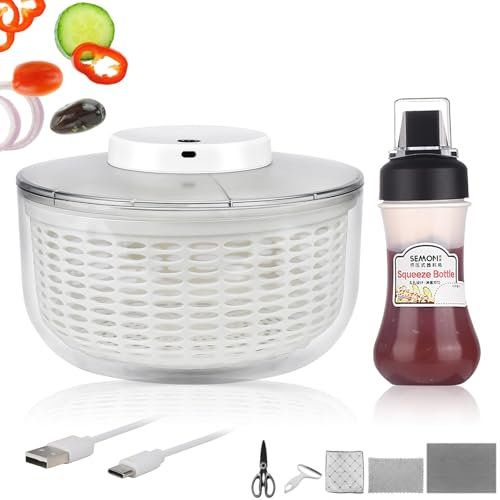 TBRFP Centrifugador eléctrico de ensalada de 6 l, centrifugador de ensalada con tapa con botella de 350 ml y rallador de cocina, lavadora eléctrica de verduras con USB, centrifugadora automática para