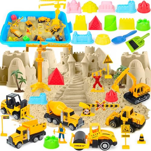 Baustellen Kinetic Sand Set, Kinetischer Sand Baustelle, Baustelle Sandspielzeug Kinder mit Knetsand, Kranspielzeug & Sandformen, Sensorisch Zaubersand Magic Sand Geschenk für Junge Mädchen