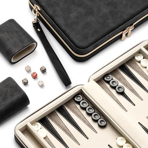 Lingle Backgammon Sets for Adults, Classic Board Game with Folding Faux Leather Backgammon Case, Portable Travel Backgammon Game Set (Black)
