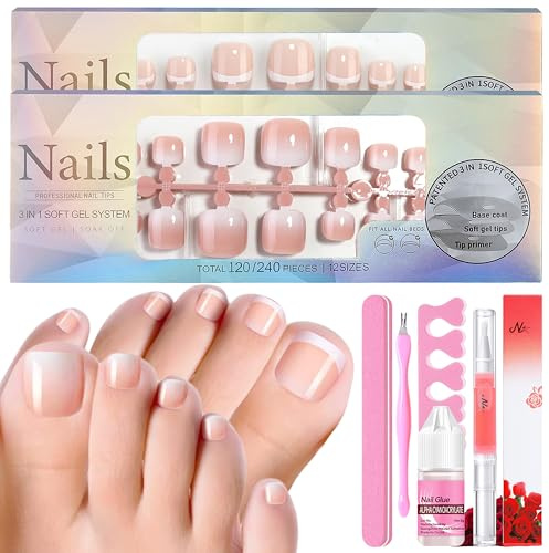240 pezzi Kit di unghie finte per piedi - Unghie artificiali naturali francesi da incollare, unghie nude bianche e carnagione per copertura completa, unghie finte per manicure fai-da-te, 12 misure