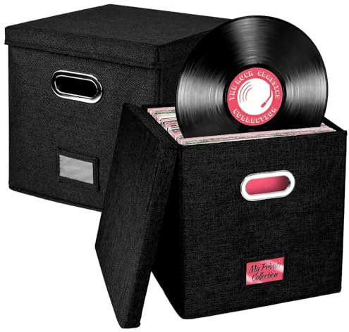 Packool Lot de 2 boîtes de rangement pliables en tissu de lin avec couvercle pour disques vinyles, boîtes empilables pour disques, livres, bureau ou salon Noir 33 cm